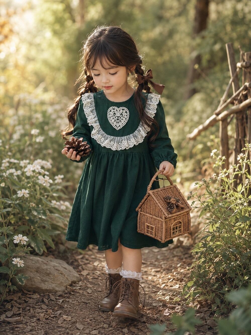 Merriest Ever Woodland Magic Evergreen Lace Heart Frill Dress 4/5